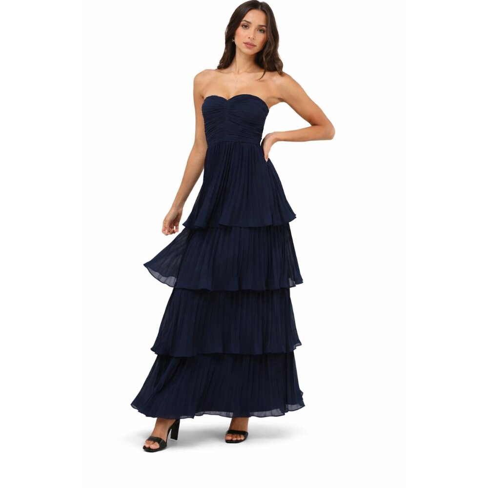 Lulus Seriously Sensational Strapless Tiered Maxi Dress- Navy Size Large